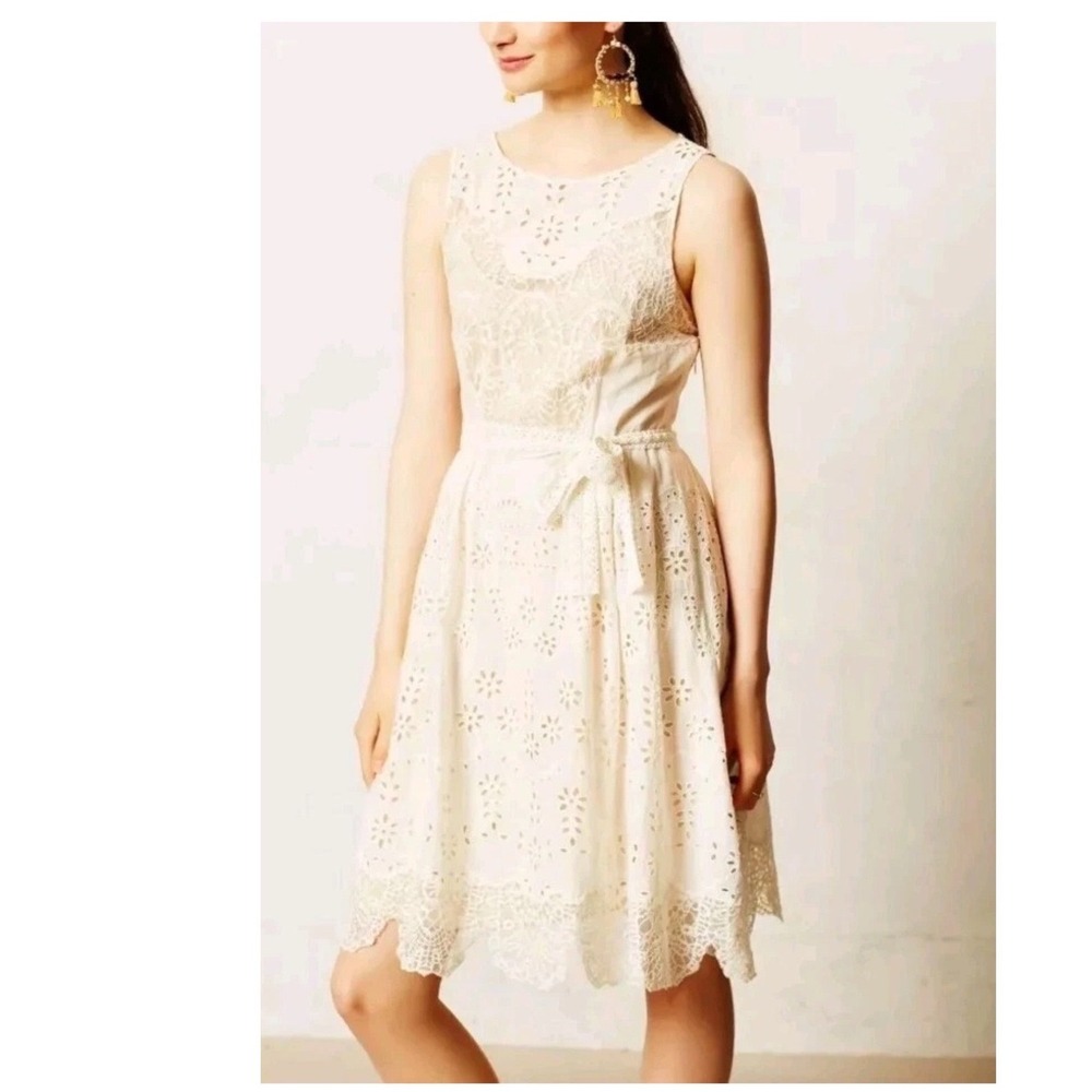 Anthropologie Lila Windward Ivory Eyelet Lace Sleeveless Dress Braided Belt 4
